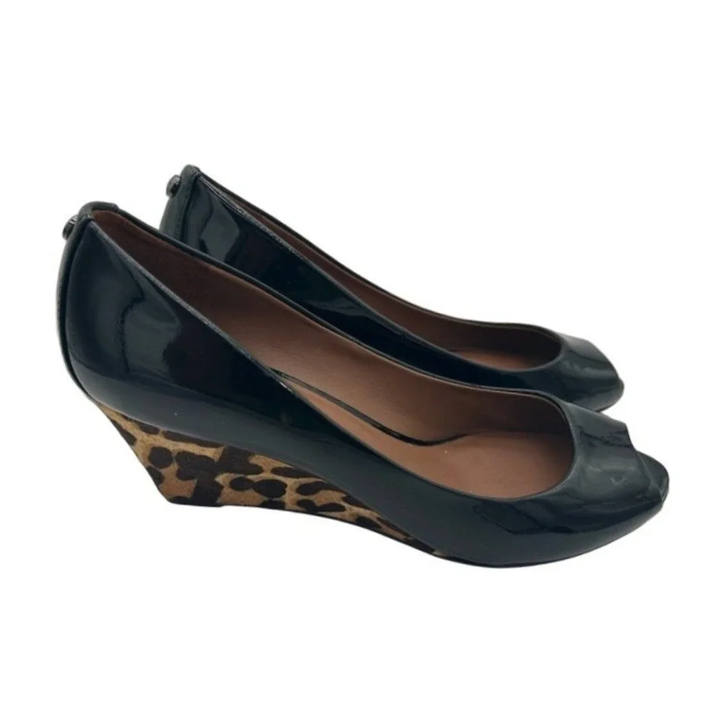Donald J Pliner Wedge Pumps Women's Size 9 M Black Patent Leopard Calf Peep Toe